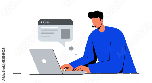 Customer Service Representative Working on Laptop with Headset.