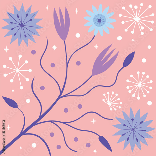 Stylized floral pattern with blue purple flowers on pink background
