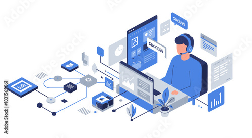 Customer Service Representative Working with Data and Success.