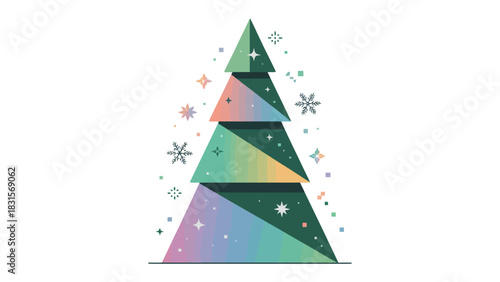 Geometric Christmas Tree: An elegant geometric Christmas tree with vibrant colors, illuminated with twinkling stars and snowflakes, capturing the essence of the festive season.