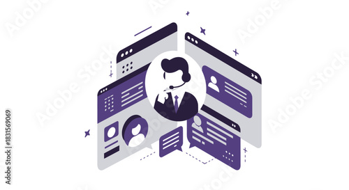 Customer Service Representative with Headset and Interface Design.