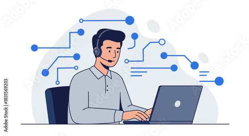 Customer Service Representative Working on Laptop with Headset.