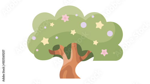 Whimsical Tree Illustration: A whimsical illustration of a stylized tree, adorned with charming stars and floral elements, evoking a sense of wonder and childlike delight.