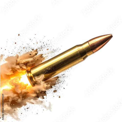 Flying bullet Golden projectile in motion with impact particles