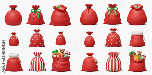 A collection of various red Christmas gift bags and Santa sacks, some filled with presents, on a transparent background.