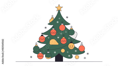 Festive Evergreens: An illustration of a cheerful Christmas tree adorned with ornaments and a star, radiating holiday warmth and the spirit of Christmas.