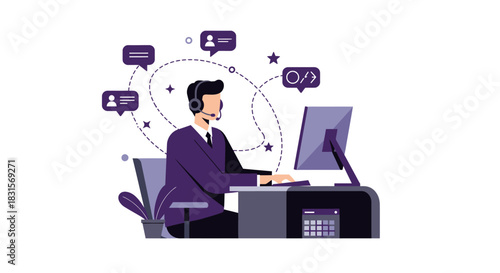 Customer Service Representative Working at Desk with Computer.