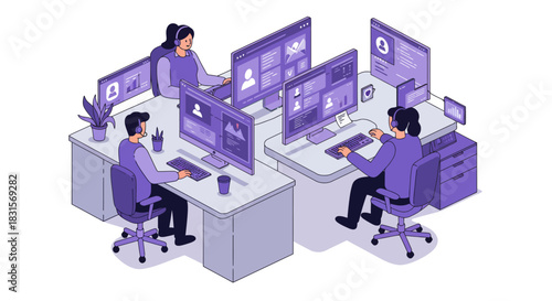 Customer Service Representatives Working at Modern Office Desks.