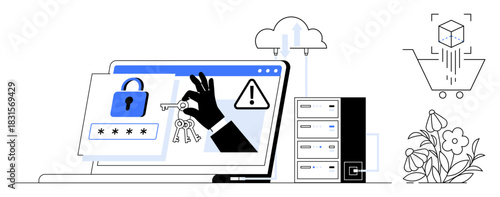 Hand grabbing keys over locked laptop screen with alert warning, cloud backup icon, and database tower. Ideal for cybersecurity, data protection, hacking risk, password security, online fraud