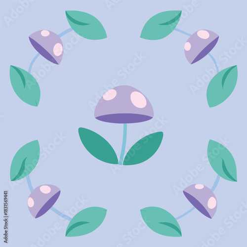 Stylized purple mushroom and green leaves decorative border