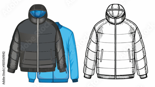 Stylish winter jacket illustrations, perfect for fashion catalogs and apparel designs, vector origin ensures scalability