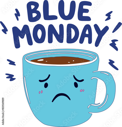 Blue Monday awareness illustration with sad coffee mug and stress motifs for emotional wellness and seasonal reflection