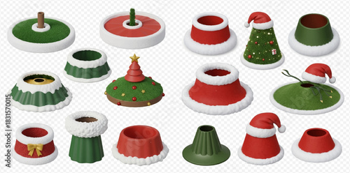 A collection of various festive Christmas tree skirts and stands in red and green with white fur trim, some shaped like Santa hats or small trees.