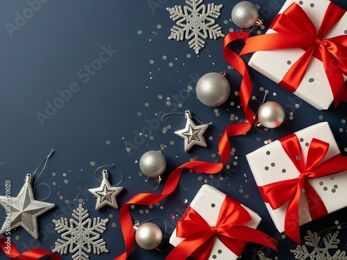 Christmas Gifts with Red Ribbons and Ornaments on Blue Background