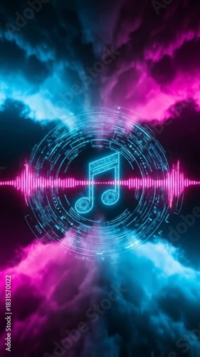 Neon Music Note with Sound Waves in a Colorful Cloudscape.