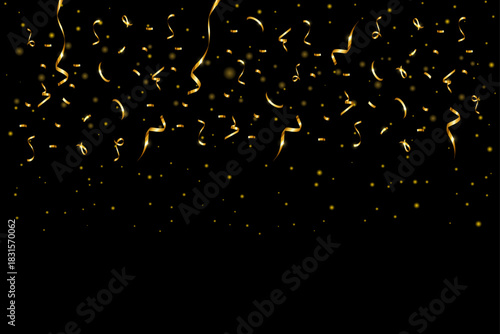 Decorative Realistic falling shiny gold confetti on the sides isolated on black background