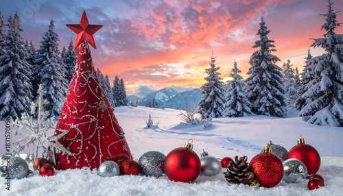 Red Christmas tree cone with star and festive ornaments on fresh snow in a beautiful winter landscape with colorful sunset sky.