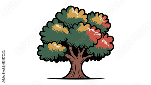 Oak Tree Illustration: A whimsical illustration of a majestic oak tree, its strong trunk supporting a full canopy of colorful leaves, symbolizing growth and resilience.