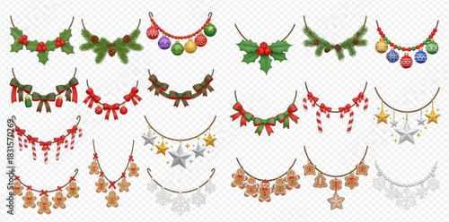 Collection of various Christmas garlands and festive decorations with fir branches, baubles, bows, stars, and gingerbread.