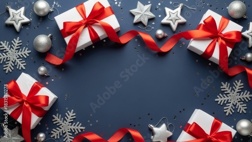 Christmas Gifts with Red Ribbons and Ornaments on Blue Background