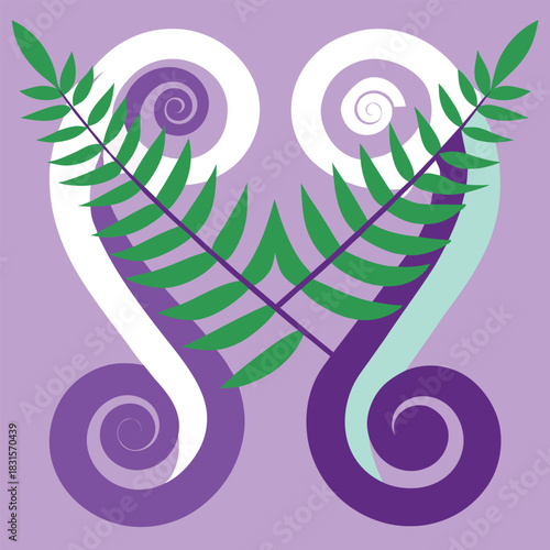 Stylized green leaves and swirling purple curves on lavender