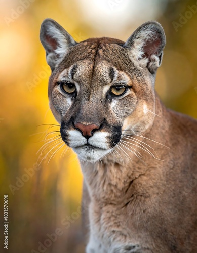Close-up of a large wild cat, with light brown fur, alert expression, and a blurred natural background