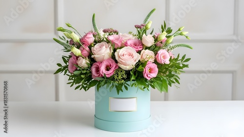 Wallpaper Mural Elegant pink and white roses in a turquoise gift box on white table Torontodigital.ca