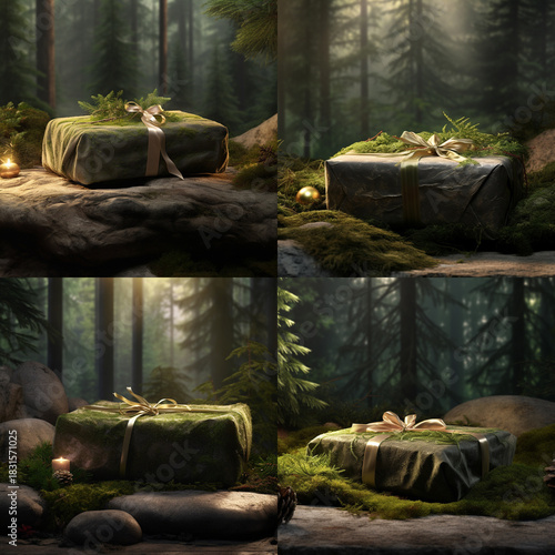 Mystical Gift Presents in Enchanting Forest Setting, Wrapped in Nature's Embrace