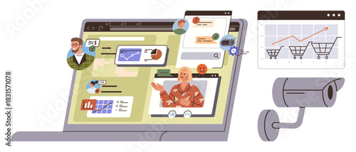 Video call on laptop with diverse team, chat bubbles, analytics charts, shopping insights, and a security camera. Ideal for teamwork, communication, remote work, surveillance monitoring analytics