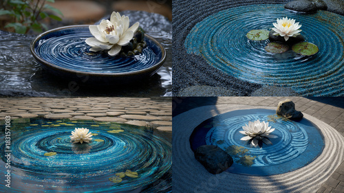 Serene water garden with concentric ripples and lotus blossoms