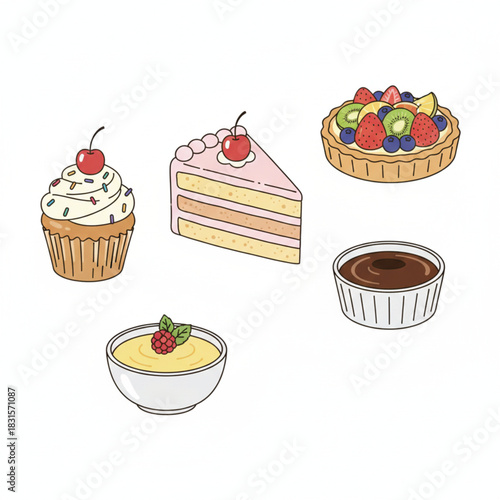 Sweet dessert collection: cake, cupcake, tart, pudding doodles
