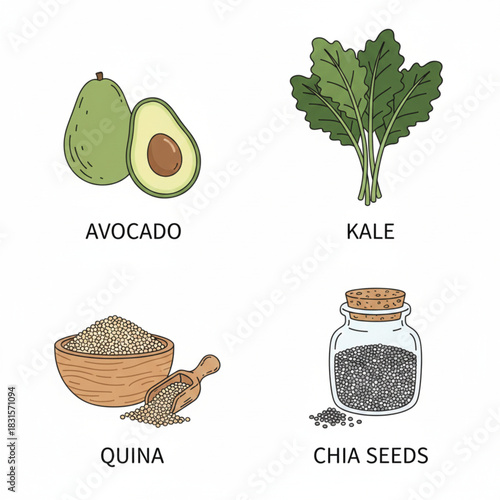 Hand-drawn illustration of popular superfoods: avocado, kale, quinoa, and chia seeds. Perfect for healthy eating, nutrition, and diet concepts. Isolated on white background.