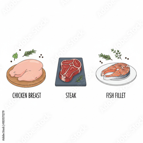 Raw protein sources: chicken breast, beef steak, and fish fillet