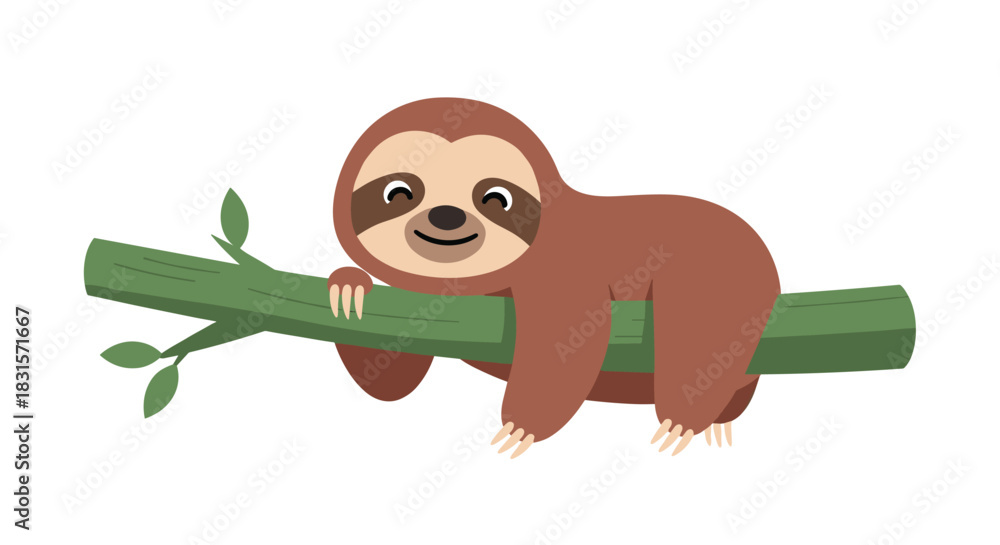 Naklejka premium A cute and happy cartoon sloth is lazily hanging on a green tree branch with a contented smile, looking relaxed in nature.