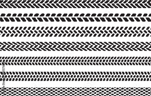 Collection of various black and white tyre tread patterns and tracks