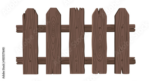 Illustrated wooden fence with five brown picket planks, secured by two horizontal rails, set against a clean white background.