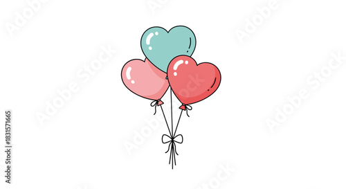 Delightful cluster of three heart-shaped balloons in various shades of pink, red, and teal, gathered with a string and bow.