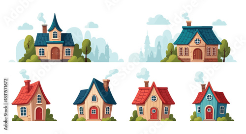 Collection of whimsical and colorful cartoon houses with chimneys and trees, set in a charming village landscape.