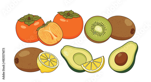 A vibrant collection of various fresh, ripe fruits including persimmons, kiwis, avocados, and lemons, presented whole and cut.