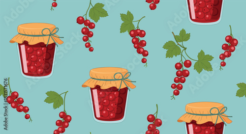 Seamless pattern with red currant berries on branches and glass jars of red currant jam on a light blue background.