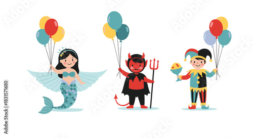Playful group of cartoon children in imaginative costumes including a mermaid, a devil, and a jester, ready for a fun celebration.