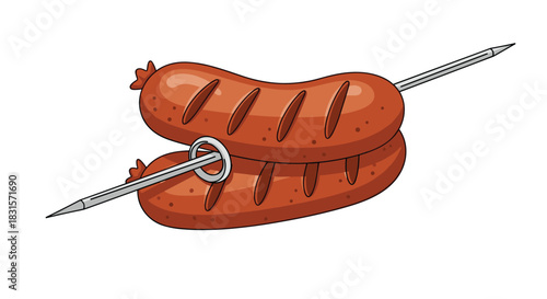 Two perfectly grilled and seasoned sausages, skewered together and ready to be served, ideal for a summer outdoor gathering.