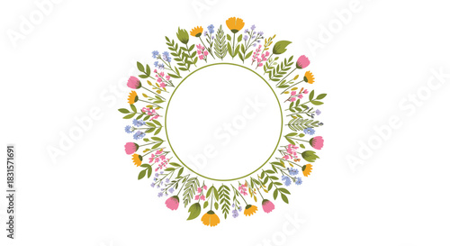 A delicate and colorful circular floral wreath featuring various blooming flowers and green leaves, ideal for spring and summer designs.