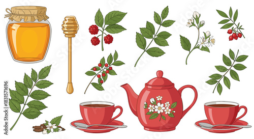 A vibrant illustration featuring a teapot, teacups, honey, dipper, and various plant elements for a natural tea theme.