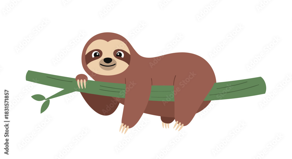 Naklejka premium A cute cartoon sloth with a happy expression is peacefully hanging from a green tree branch, isolated on a white background.