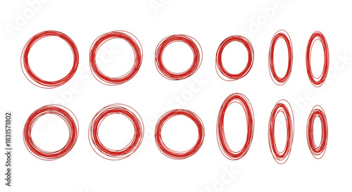 A set of red circular brush stroke frames, isolated on white background, showcasing a variety of perspectives and orientations for artistic design elements