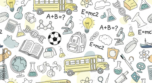 Seamless pattern with school supplies and science elements isolated on white background hand drawn vector illustration of education items for wallpaper, wrapping, textile