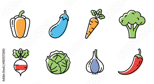 Minimalist line art icons of a colorful assortment of fresh vegetables including bell pepper, eggplant, carrot, broccoli, radish, cabbage, garlic, and chili pepper.