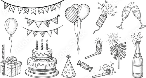 Hand drawn birthday party elements isolated on white background cake, balloons, gift, champagne, party hats, confetti, firecrackers, and garlands