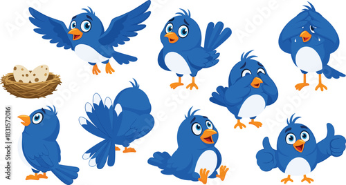 Collection of cartoon blue birds with various expressions and actions cartoon bird